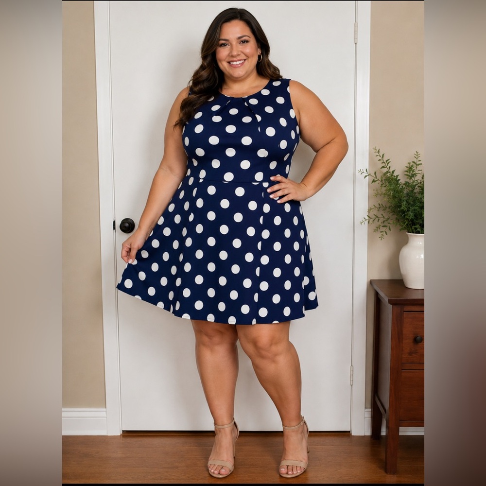 dressbarn Navy and White Polka Dot Sleeveless  Dress